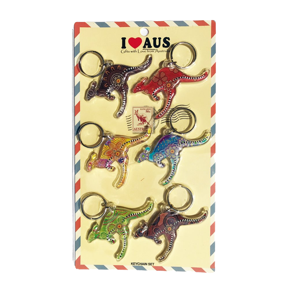 Aboriginal Art Kangaroo Keyrings - 6 Pack