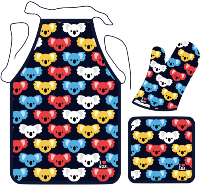 Apron, Mitten & Pot Holder Set - Colourful Koalas