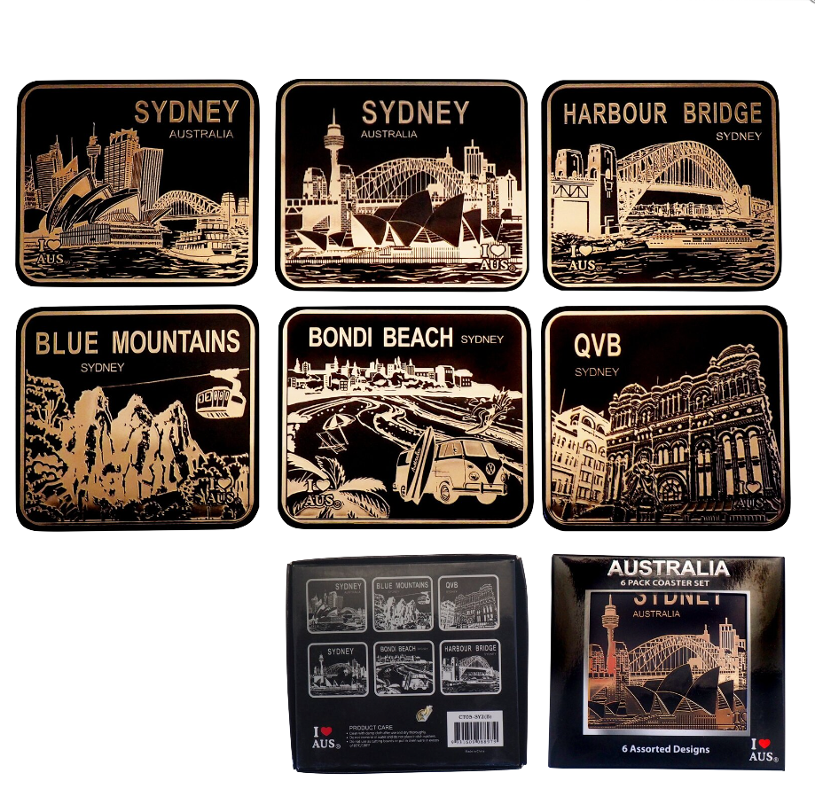 Black & Gold Sydney Icons - 6 Pack Premium Coaster