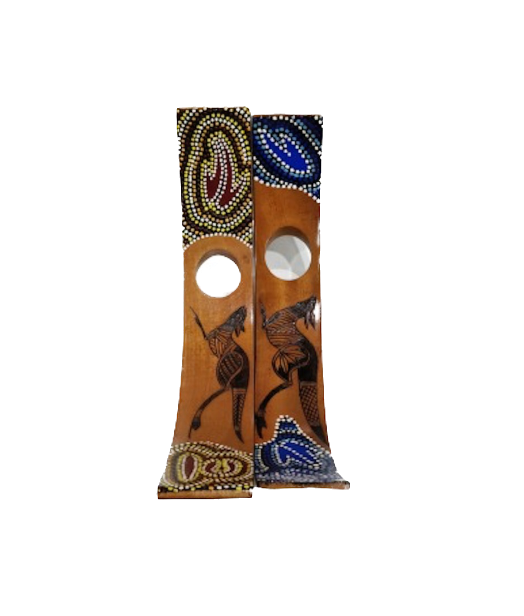 Wooden Curved Wine Bottle Holder - Aboriginal Burnt & Dot Art